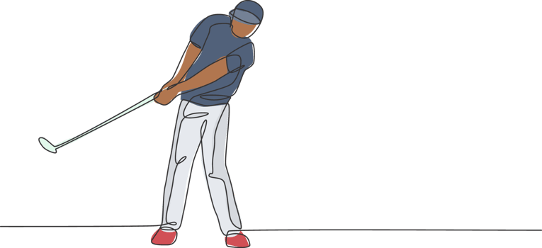One continuous line drawing of young golf player swing golf club and hit the ball. Leisure sport concept. Dynamic single line draw design illustration graphic for tournament promotion media png