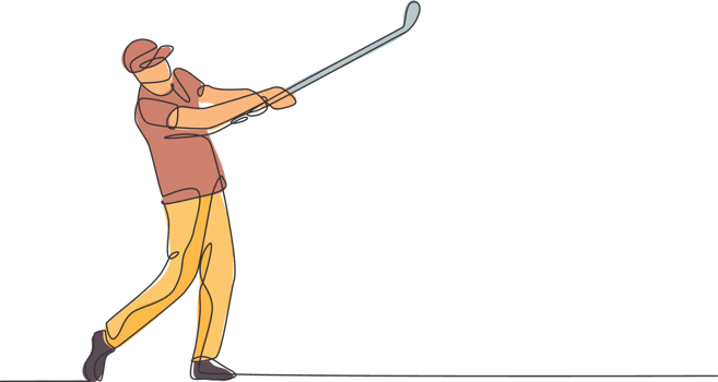 One single line drawing of young sporty golf player hit the ball using golf club graphic illustration. Healthy sport concept. Modern continuous line draw design for golf tournament poster png
