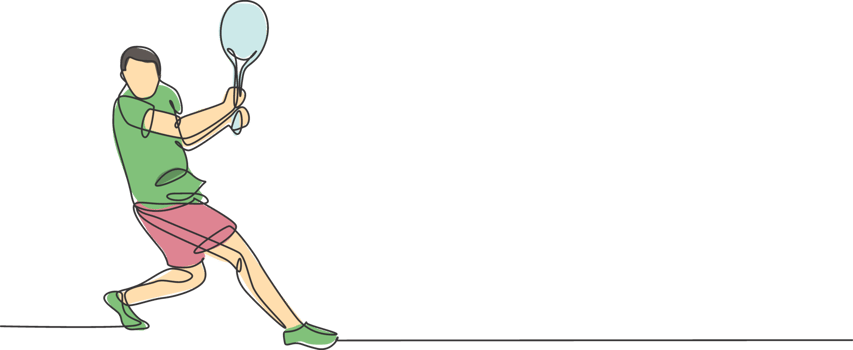 One continuous line drawing young happy tennis player defense and hit the ball. Competitive sport concept. Dynamic single line draw design illustration graphic for tournament promotion poster png