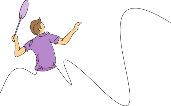 One continuous line drawing of young male badminton player hit shuttlecock with racket. Competitive sport concept. Dynamic single line draw design illustration for tournament match promotion png