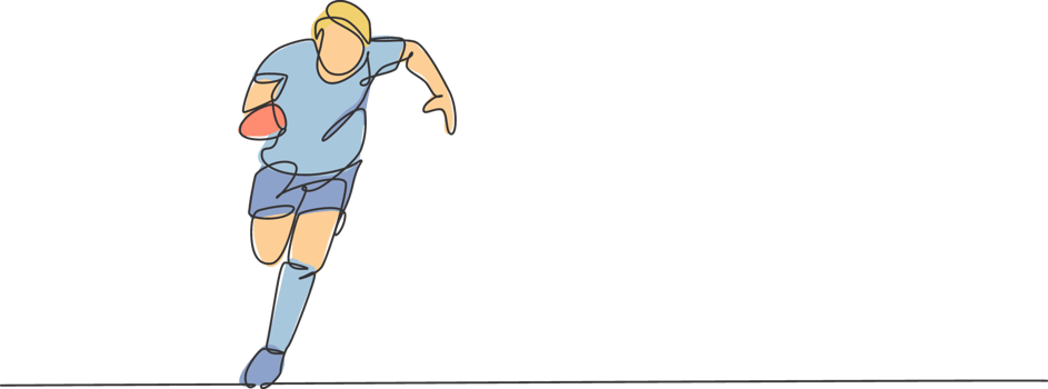 One continuous line drawing of young man rugby player run and hold the ball. Competitive aggressive sport concept. Dynamic single line draw design illustration for tournament promotion media png