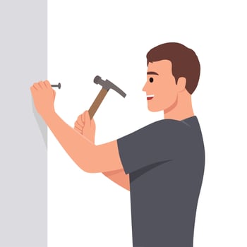 Man with hammer makes repairs in house by hammering nail into wall to hang picture. Young guy is doing repairs to improve interior of apartment or install new shelf to accommodate personal items. vector