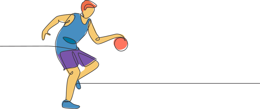 One single line drawing of young energetic basketball player train at court graphic illustration. Sports competition concept. Modern continuous line draw design for basketball tournament poster png
