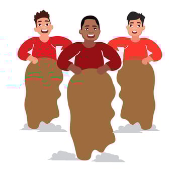 People celebrate Indonesian Independence Day with participating in Sack Race Competition or Lomba Balap Karung at 17 august. Vector cartoon illustration Indonesia Independence Day. Poster, banner, web