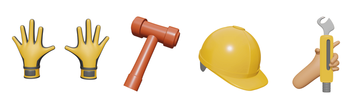 3D icon labor day collection rendered isolated on the transparent background. worker's glove, hammer, construction hat, and hand holding wrench object for your design. png