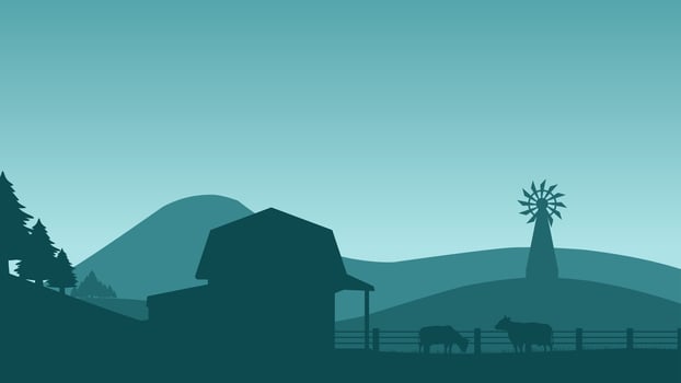 Countryside landscape vector illustration. Farm silhouette landscape with cow, barn, windmill and fence. Rural agriculture silhouette landscape for background, wallpaper, display or landing page