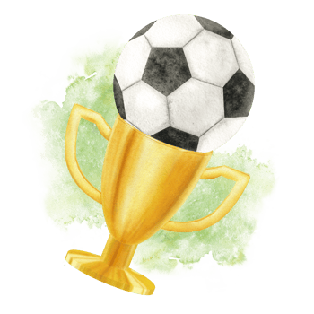 Golden Cup with Soccer ball and green splashes. Football match. Champion golden trophy. Prize cup for winner, first place, victory. Attributes of sports competitions.Watercolor illustration. Isolated. png