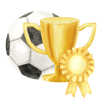 Golden Cup with Soccer ball, medal . Football match. Champion golden trophy. Prize cup for winner, first place, victory. Attributes of sports competitions. Watercolor illustration. Isolated. png