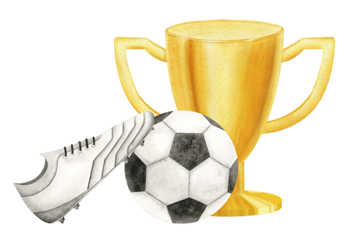 Golden Cup with Soccer ball and Football boots. Football match. Champion golden trophy. Prize cup for winner, first place, victory. Attributes of sports competitions.Watercolor illustration. Isolated. png