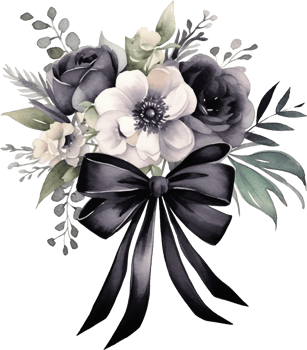 Witchy Dark Gothic Crescent black Roses wedding bouquet Dark Fantasy Gardening Watercolor Clipart. Halloween weddin bouquet with black satin ribbon. png