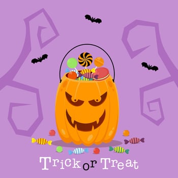 Halloween poster with pumpkin basket full of candies vector