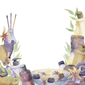 Hand drawn watercolor spa skincare bath beauty products package with flowers and leaves. Frame border. Isolated on white background. Design for wellness resort, print, fabric, cover, card, booklet. vector
