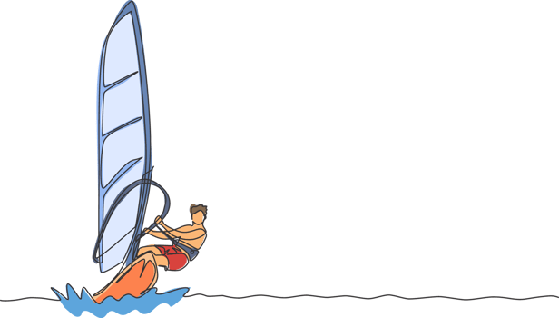 One continuous line drawing of young energetic man fun play windsurfing in the sea ocean. Healthy lifestyle sport concept. Happy tourist vacation. Dynamic single line draw design illustration png
