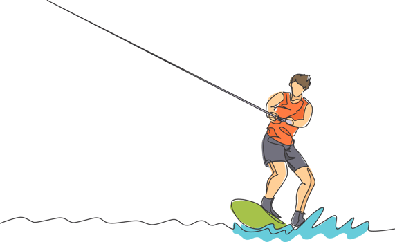 One continuous line drawing of young energetic man fun play wakeboarding in the sea ocean. Healthy lifestyle sport concept. Happy tourist vacation. Dynamic single line draw design illustration png