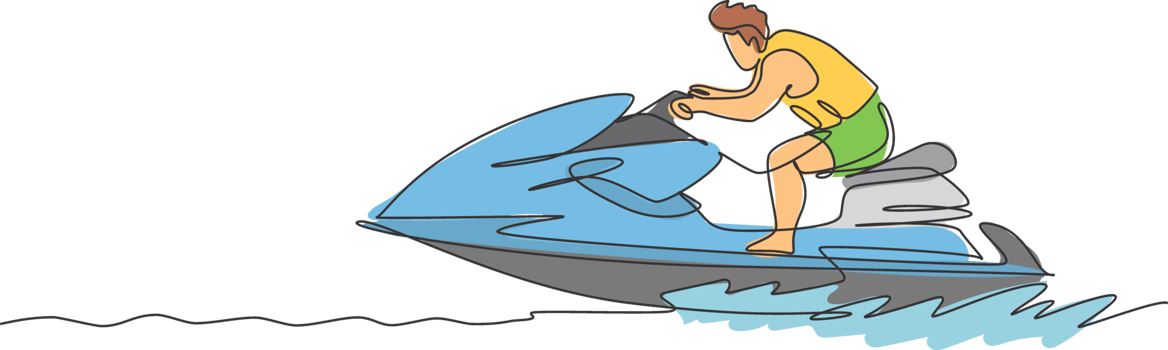 One continuous line drawing of young energetic man fun play jet skiing in the sea ocean. Healthy lifestyle sport concept. Happy tourist vacation. Dynamic single line draw design illustration png
