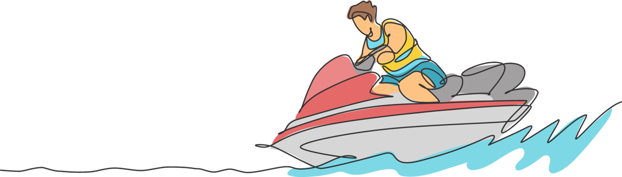 One single line drawing young sporty man play jet skiing in the sea beach graphic illustration. Healthy lifestyle and extreme sport concept. Summer vacation. Modern continuous line draw design png