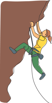 One single line drawing young active woman climbing on cliff mountain holding safety rope illustration graphic. Extreme outdoor sport and bouldering concept. Modern continuous line draw design png