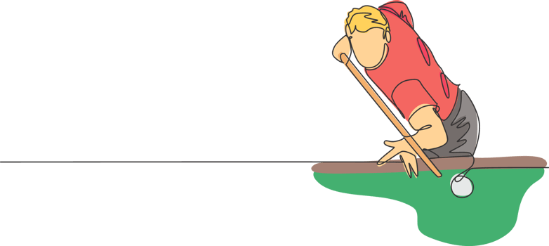 One continuous line drawing of young handsome man focus aiming before hit the pool billiard balls with stick. Tournament indoor sport game concept. Dynamic single line draw design illustration png