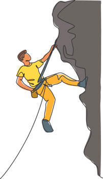 One single line drawing of young active man climbing on cliff mountain holding safety rope graphic illustration. Extreme outdoor sport and bouldering concept. Modern continuous line draw design png