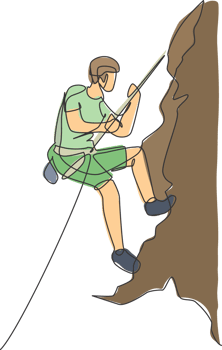 One continuous line drawing of young bravery climber man practice overhanging rock cliff mountain with safety rope. Dangerous extreme sport concept. Dynamic single line draw design illustration png