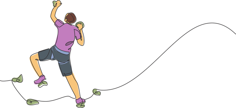Single continuous line drawing of young muscular rockclimber man climbing hanging on mountain grip. Outdoor active lifestyle and rock climbing concept. Trendy one line draw design illustration png