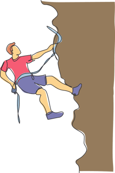 One single line drawing of young active man climbing on cliff mountain holding safety rope graphic illustration. Extreme outdoor sport and bouldering concept. Modern continuous line draw design png