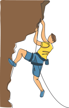 Single continuous line drawing of young muscular rockclimber man climbing hanging on mountain grip. Outdoor active lifestyle and rock climbing concept. Trendy one line draw design illustration png