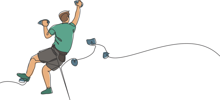 One continuous line drawing of young bravery climber man practice overhanging rock cliff mountain with safety rope. Dangerous extreme sport concept. Dynamic single line draw design illustration png