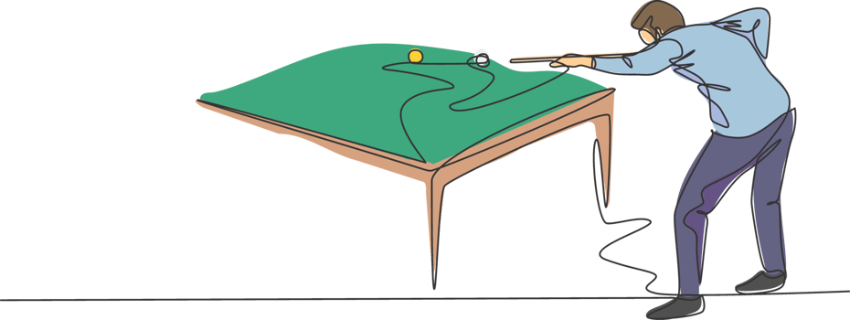 One continuous line drawing of young handsome man focus aiming before hit the pool billiard balls with stick. Tournament indoor sport game concept. Dynamic single line draw design illustration png
