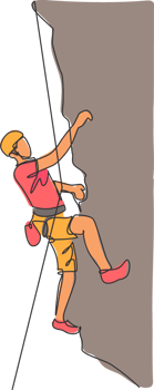 Single continuous line drawing of young muscular rockclimber man climbing hanging on mountain grip. Outdoor active lifestyle and rock climbing concept. Trendy one line draw design illustration png