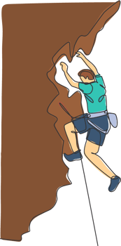 One continuous line drawing of young bravery climber man practice overhanging rock cliff mountain with safety rope. Dangerous extreme sport concept. Dynamic single line draw design illustration png