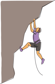 One single line drawing of young active man climbing on cliff mountain holding safety rope graphic illustration. Extreme outdoor sport and bouldering concept. Modern continuous line draw design png
