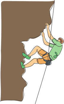 Single continuous line drawing of young muscular rockclimber man climbing hanging on mountain grip. Outdoor active lifestyle and rock climbing concept. Trendy one line draw design illustration png