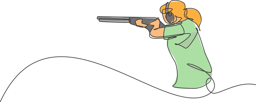 One single line drawing young woman practicing to shot target in range on shooting training ground graphic illustration. Clay pigeon shooting sport concept. Modern continuous line draw design png