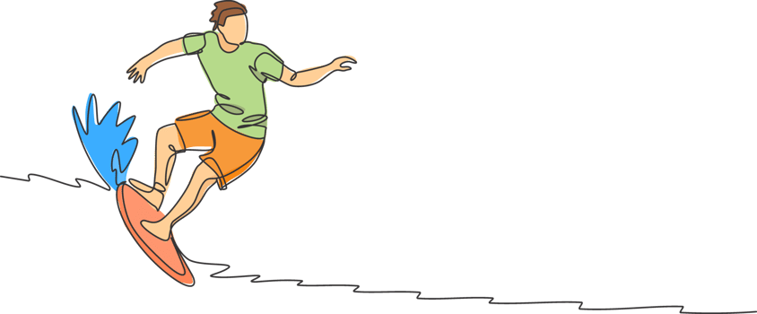 One single line drawing of young sporty surfer man riding on big waves in surfing beach paradise illustration graphic. Extreme water sport concept. Modern continuous line draw design png