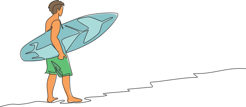 One continuous line drawing of young happy tourist surfer walking on sandy beach and carrying surfboard. Extreme watersport concept. Summer holiday. Dynamic single line draw design illustration png