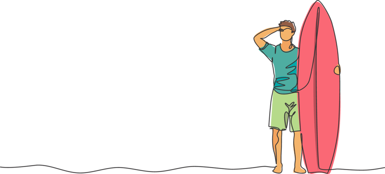 One continuous line drawing young happy tourist surfer holding surfboard at sandy beach. Healthy extreme watersport concept. Summer holiday. Dynamic single line draw graphic design illustration png