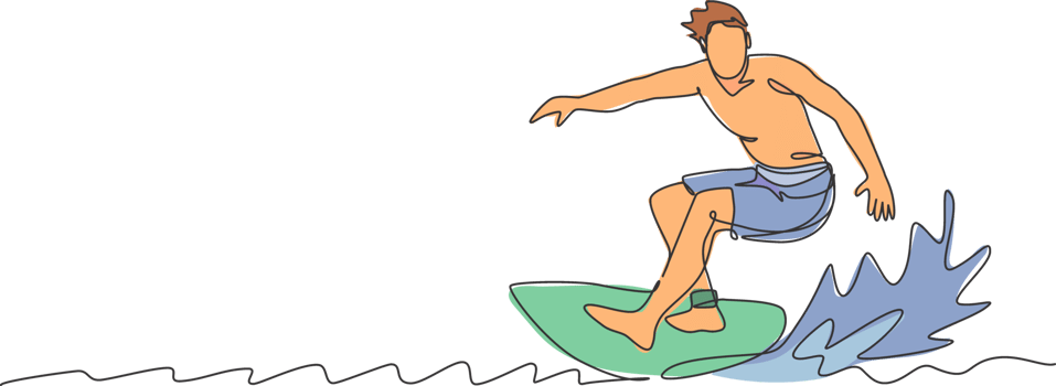 Single continuous line drawing young professional surfer in action riding the waves on blue ocean. Extreme watersport concept. Summer vacation. Trendy one line draw design graphic illustration png