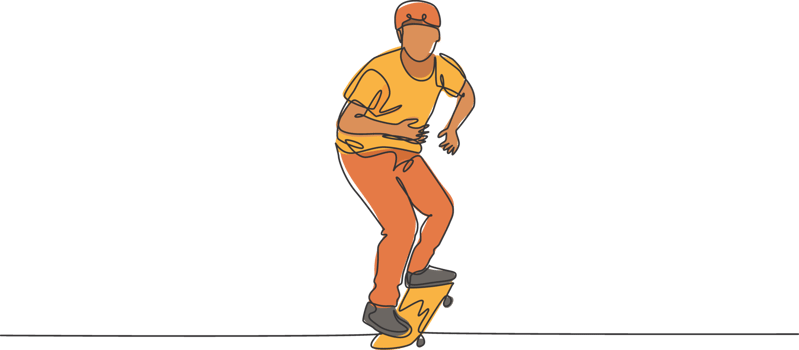 Single continuous line drawing of young cool skateboarder man riding skate and performing trick in skate park. Practicing outdoor sport concept. Trendy one line draw design illustration graphic png