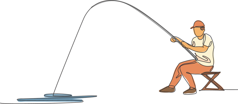 Single continuous line drawing young happy fisher man fly fishing bass fish in open river while siting on chair. Fishing hobby holiday concept. Trendy one line draw design illustration graphic png