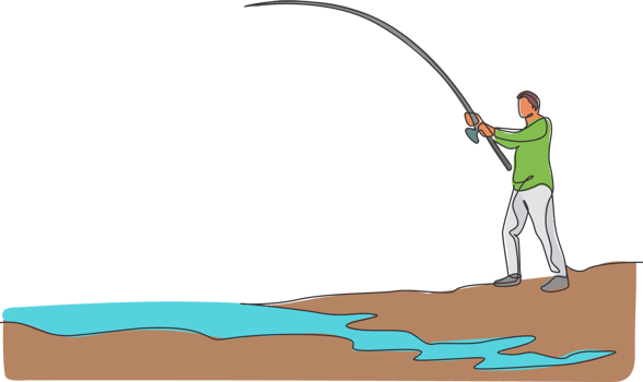 One continuous line drawing of young happy fisherman standing and fishing a fish at the riverside. Fishing leisure hobby vacation concept. Dynamic single line draw design graphic illustration png