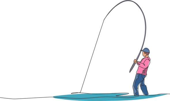 Single continuous line drawing of young happy fisher man fly fishing trout fish on open water river. Fishing hobby holiday concept. Trendy one line draw design graphic illustration png