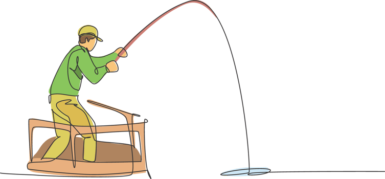 One continuous line drawing of young happy fisherman standing and fishing from ferry boat at the ocean. Fishing leisure hobby vacation concept. Dynamic single line draw design illustration png