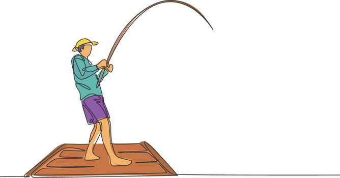 One single line drawing of young happy fisher man standing and flyfishing at the wooden dock pier illustration. Holiday traveling for fishing hobby concept. Modern continuous line draw design png
