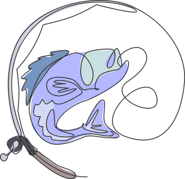 One single line drawing of fishing club lover and fisherman logo icon symbol graphic illustration. Holiday traveling for fishing hobby concept. Modern continuous line draw design png