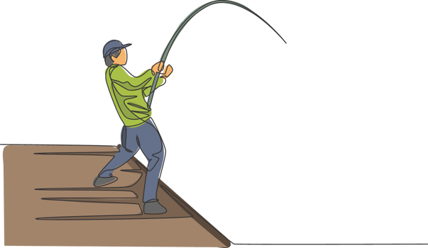 Single continuous line drawing of young happy fisher man fly fishing big bass fish in dock pier. Fishing hobby holiday concept. Trendy one line draw design graphic illustration png
