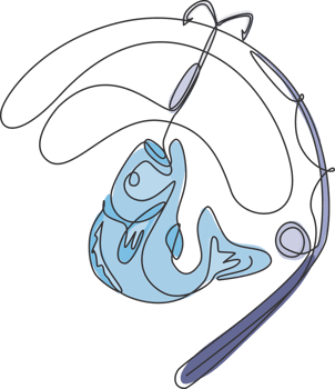 One single line drawing of fishing club and fishing lover competition logo icon symbol graphic illustration. Holiday traveling for fisherman hobby concept. Modern continuous line draw design png