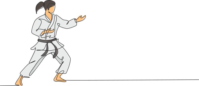 One continuous line drawing of young talented karateka girl train pose for duel fighting at dojo gym center. Mastering martial art sport concept. Dynamic single line draw design illustration png