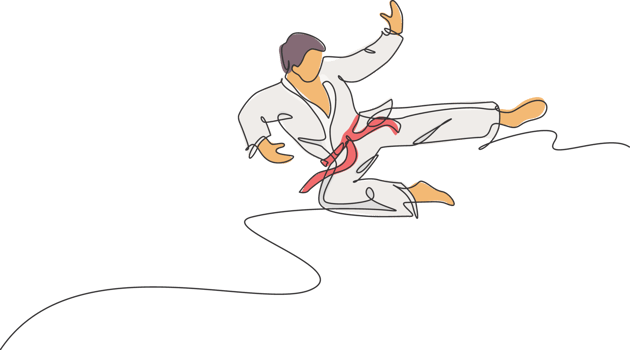 Single continuous line drawing of young confident karateka man in kimono practicing karate combat at dojo. Martial art sport training concept. Trendy one line draw design graphic illustration png