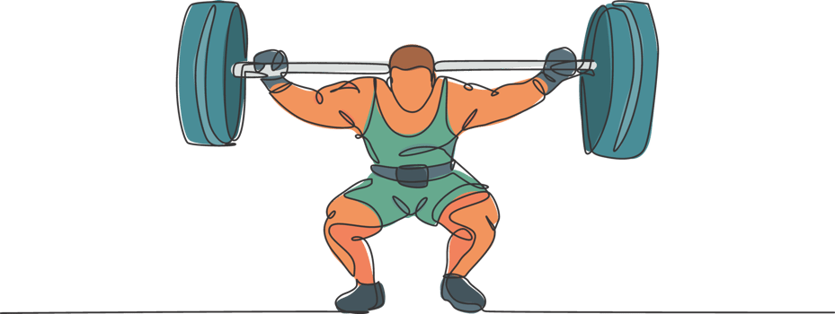 Single continuous line drawing of young strong weightlifter man preparing for barbell workout in gym. Weight lifting training concept. Trendy one line draw graphic design illustration png
